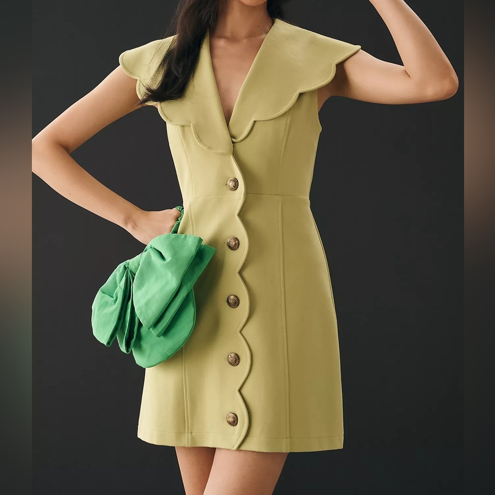 Maeve Scalloped Button-Front Mini Dress in Olive Green